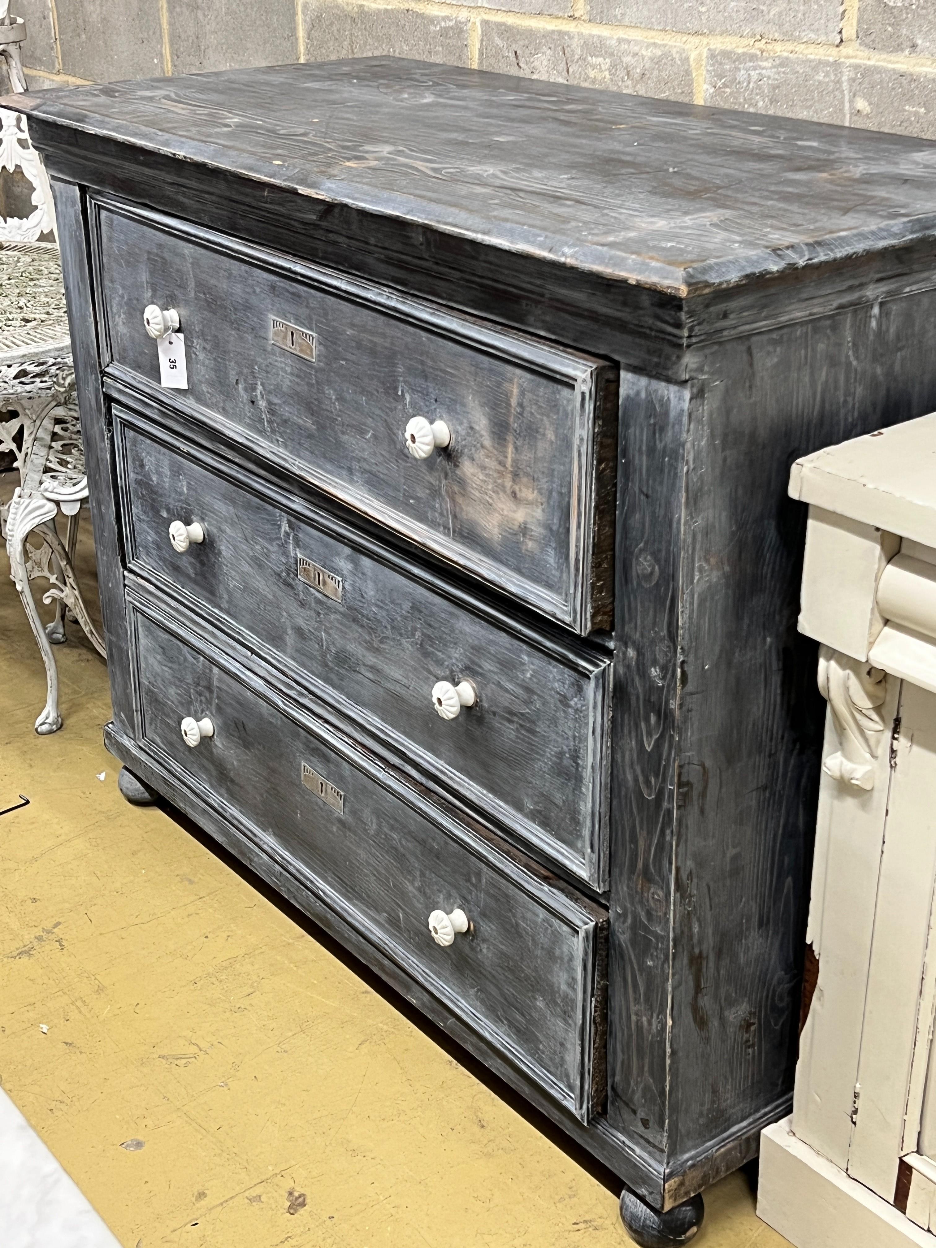 A 19th century East European painted pine three drawer chest, width 133cm, depth 62cm height 106cm